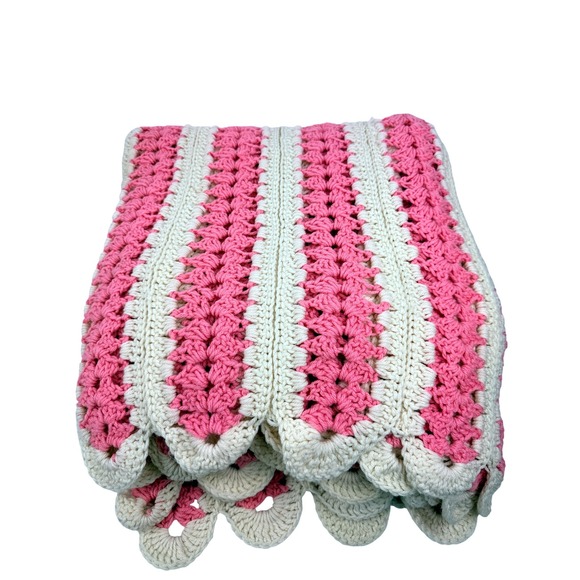 Unbranded Other - Vintage Handmade Crochet Afghan Blanket Pink White Striped Scalloped Edge 80x64